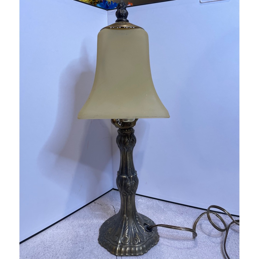 Vintage Desk Lamp Art Nouveau Brass Base Frosted Amber Glass Bell Shade - Picture 3 of 16